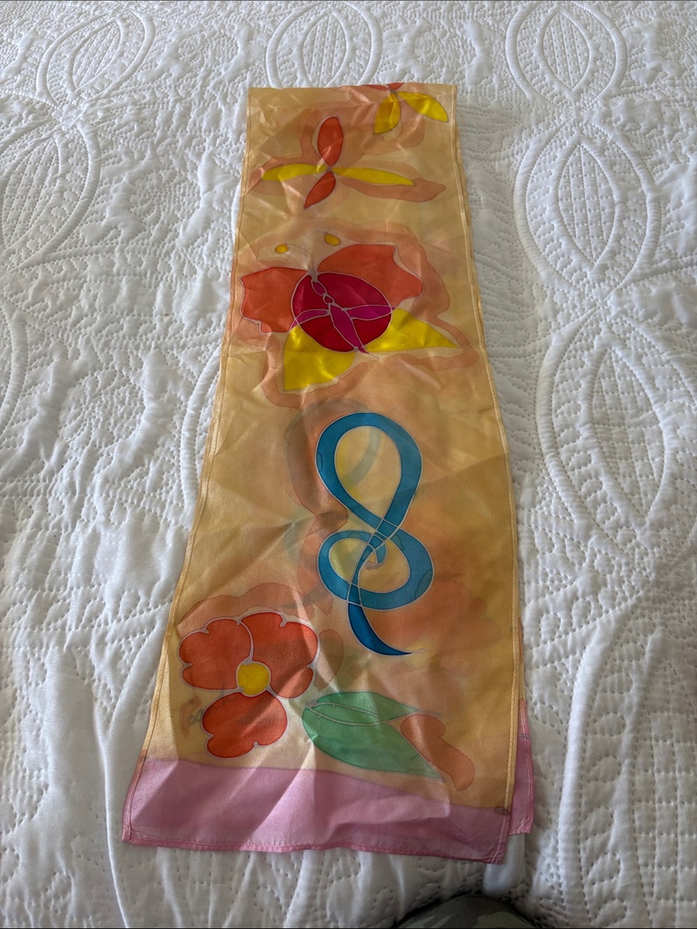 Long Floral Silk Scarf with Blue Ribbon Motif